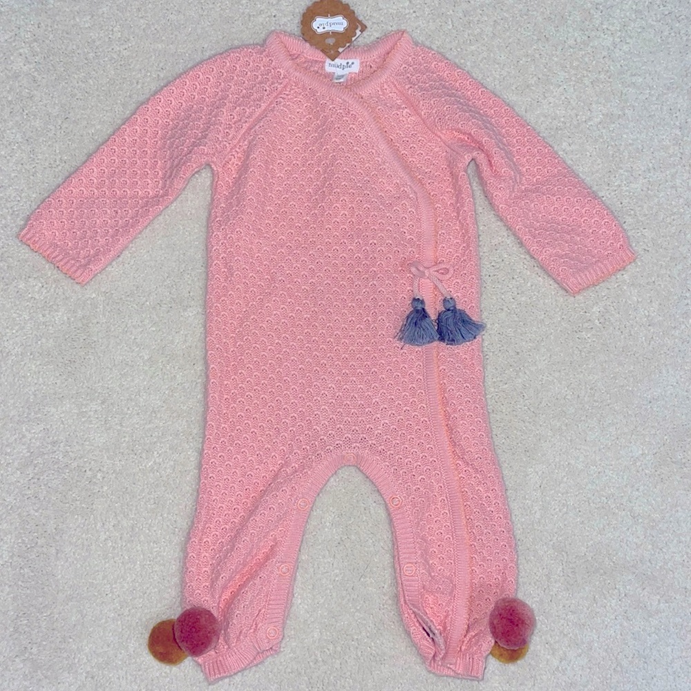 Mudpie 3-6 Baby Girl Knit Romper Pom Poms Sleeper Sweater